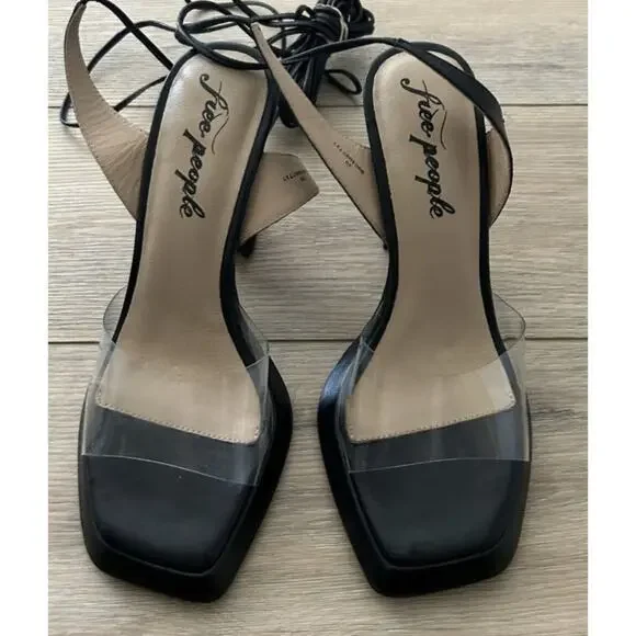 🪀NEW FREE PEOPLE CAMILLA BLACK LEATHER LACEUP LEG -VINYL BASE -4” HEEL 39 SEXY - Picture 2 of 9